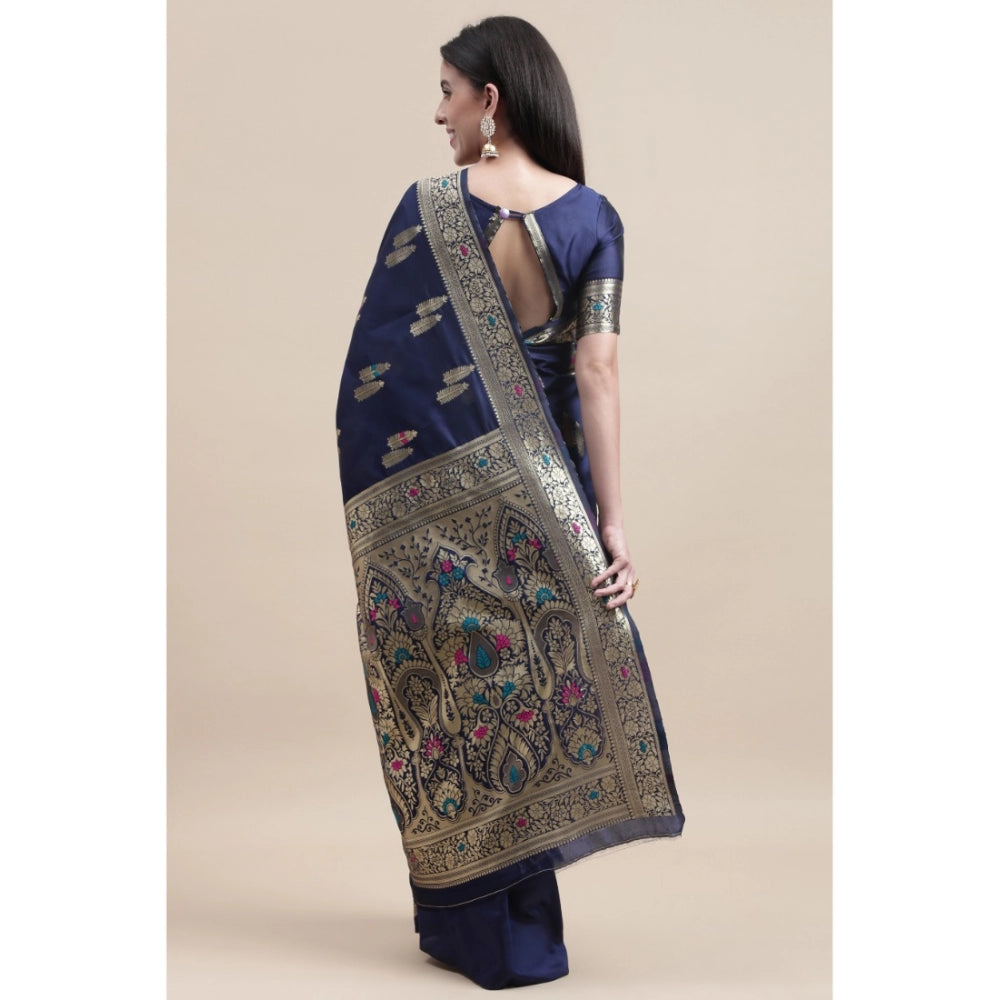 Shopper Beast Women's Kanjivaram Silk Designer Weaving Saree With Unstitched Blouse (Blue, 5.50 Mtrs)