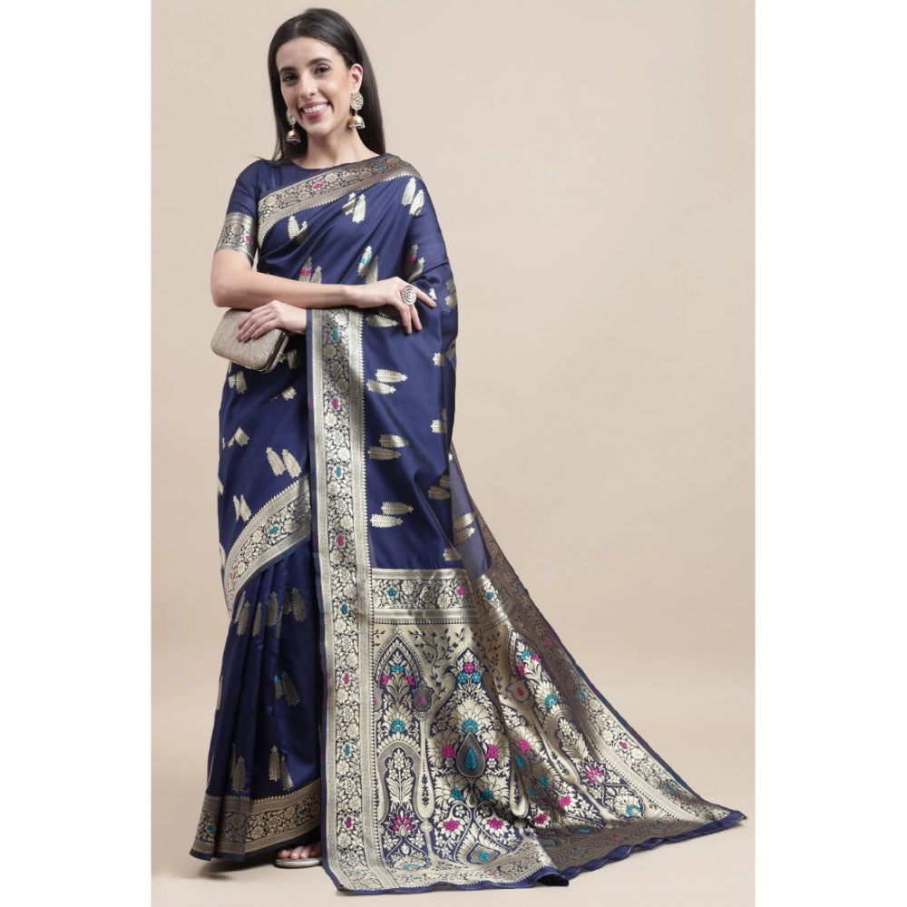 Shopper Beast Women's Kanjivaram Silk Designer Weaving Saree With Unstitched Blouse (Blue, 5.50 Mtrs)