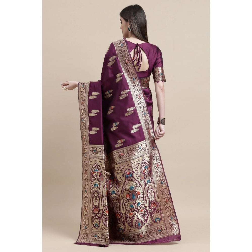 Shopper Beast Women's Kanjivaram Silk Designer Weaving Saree With Unstitched Blouse (Purple, 5.50 Mtrs)