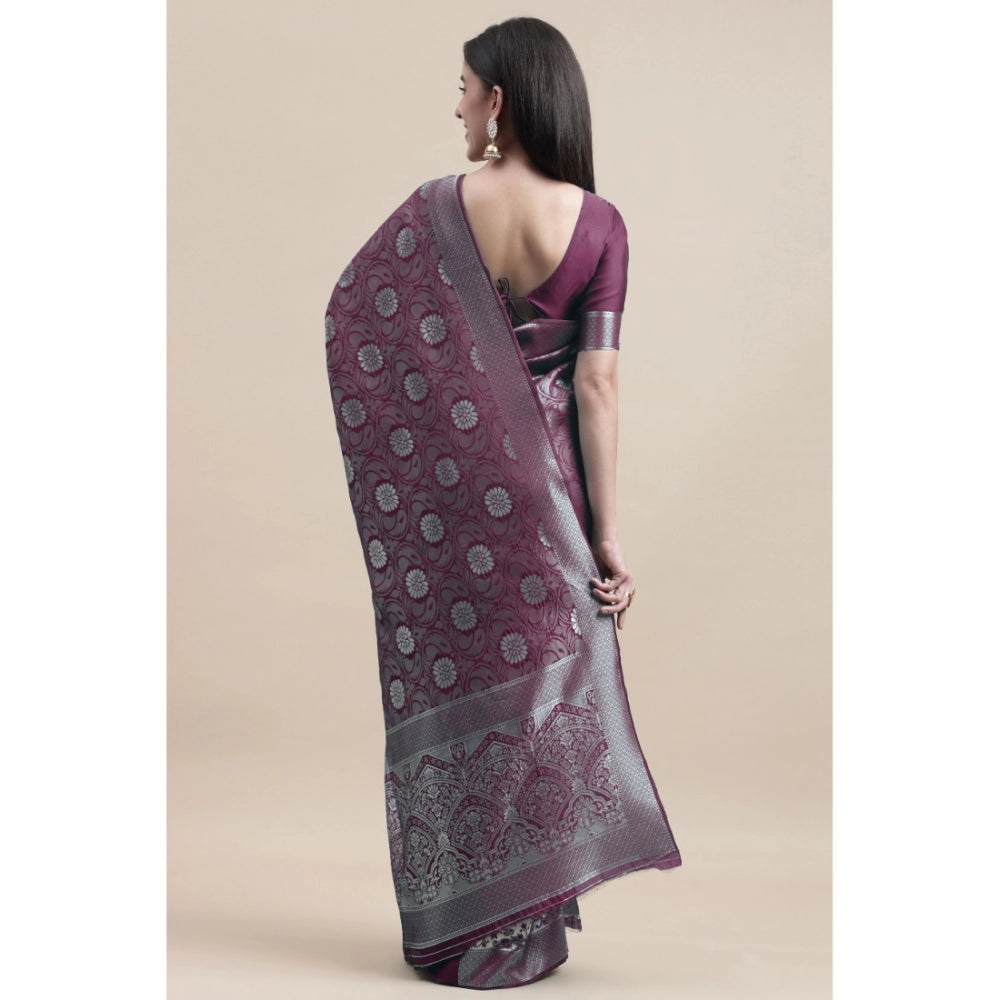 Shopper Beast Women's Kanjivaram Silk Designer Silver Weaving Saree With Unstitched Blouse (Purple, 5.50 Mtrs)