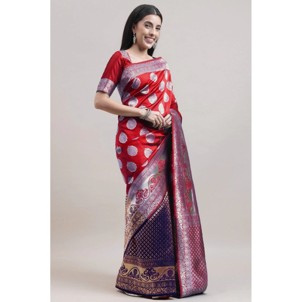 Shopper Beast Women's Kanjivaram Silk Designer Weaving Saree With Unstitched Blouse (Red &amp; Blue, 5.50 Mtrs)