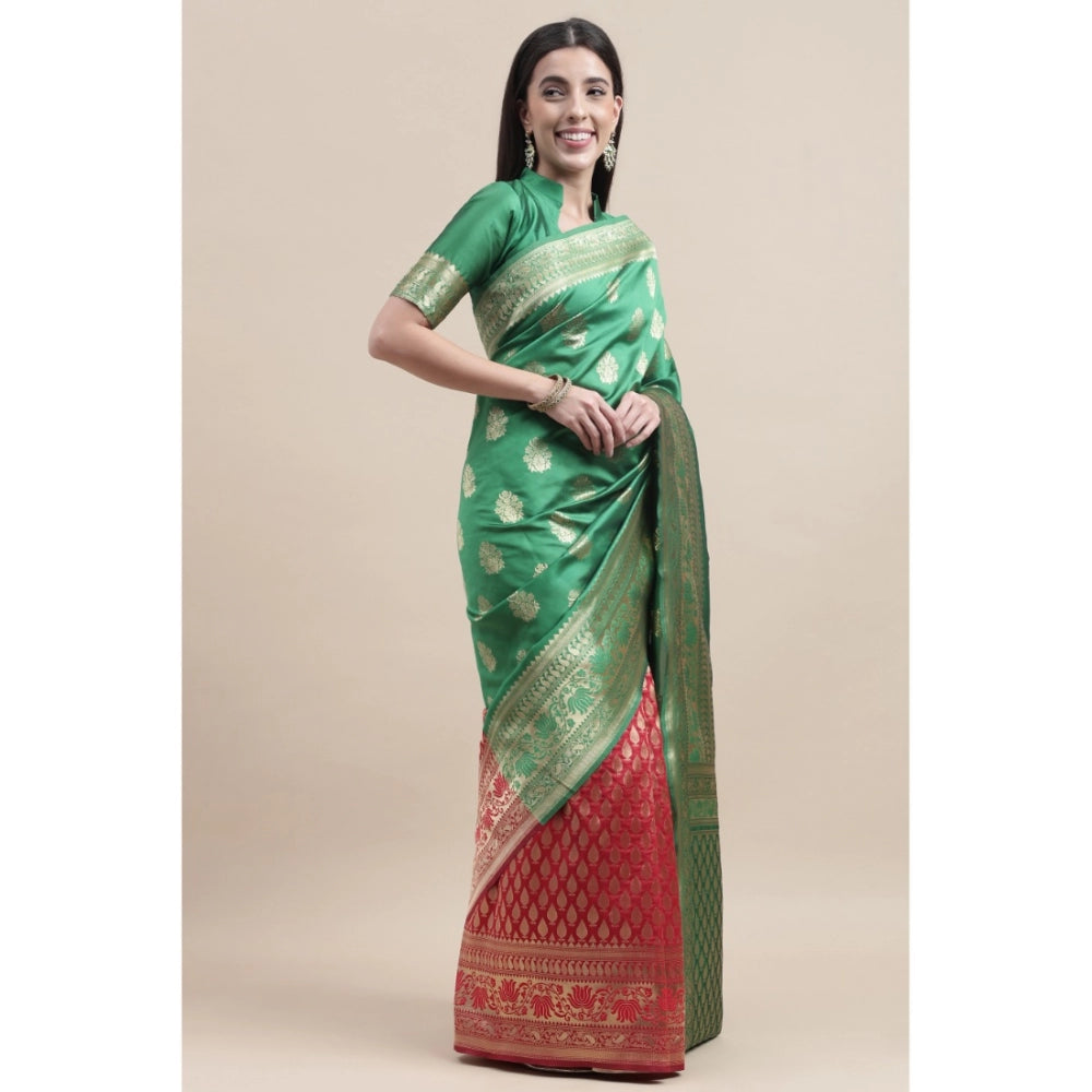 Shopper Beast Women's Kanjivaram Silk Designer Weaving Saree With Unstitched Blouse (Green &amp; Red, 5.50 Mtrs)