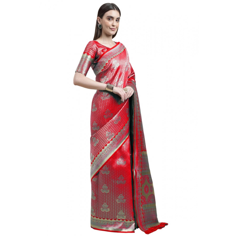 Shopper Beast Women's Banarasi Silk Designer Weaving Saree With Unstitched Blouse (Red, 5.50 Mtrs)