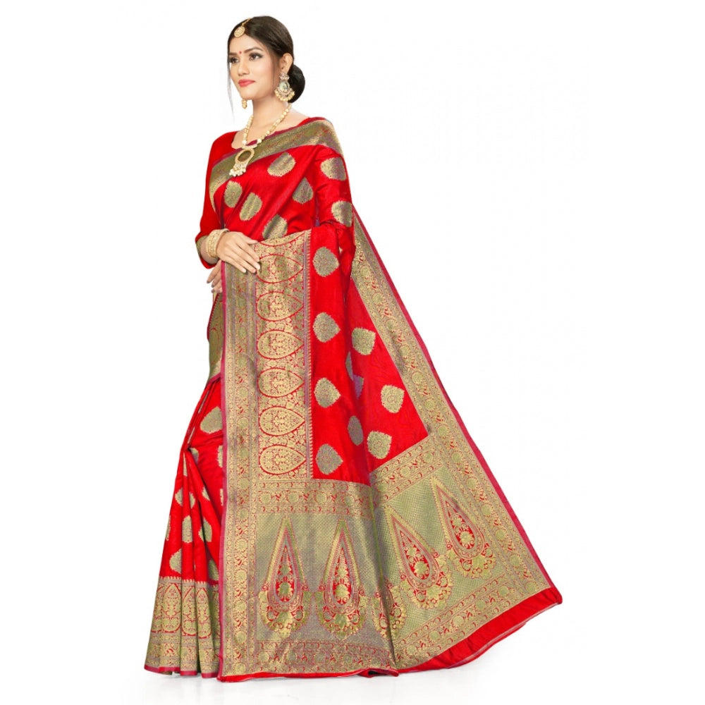 Shopper Beast Women's Banarasi Silk Designer Weaving Saree With Unstitched Blouse (Red, 5.50 Mtrs)