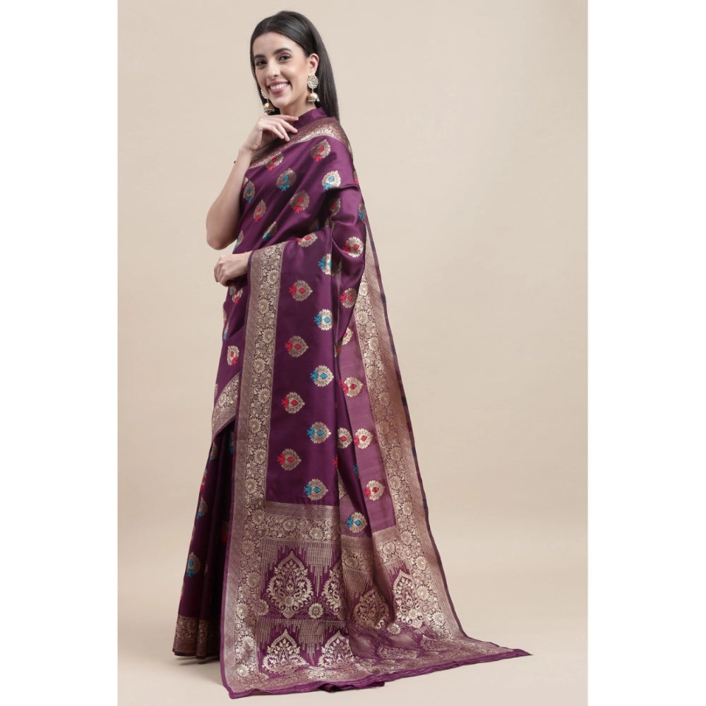 Shopper Beast Women's Kanjivaram Silk Designer Weaving Saree With Unstitched Blouse (Purple, 5.50 Mtrs)