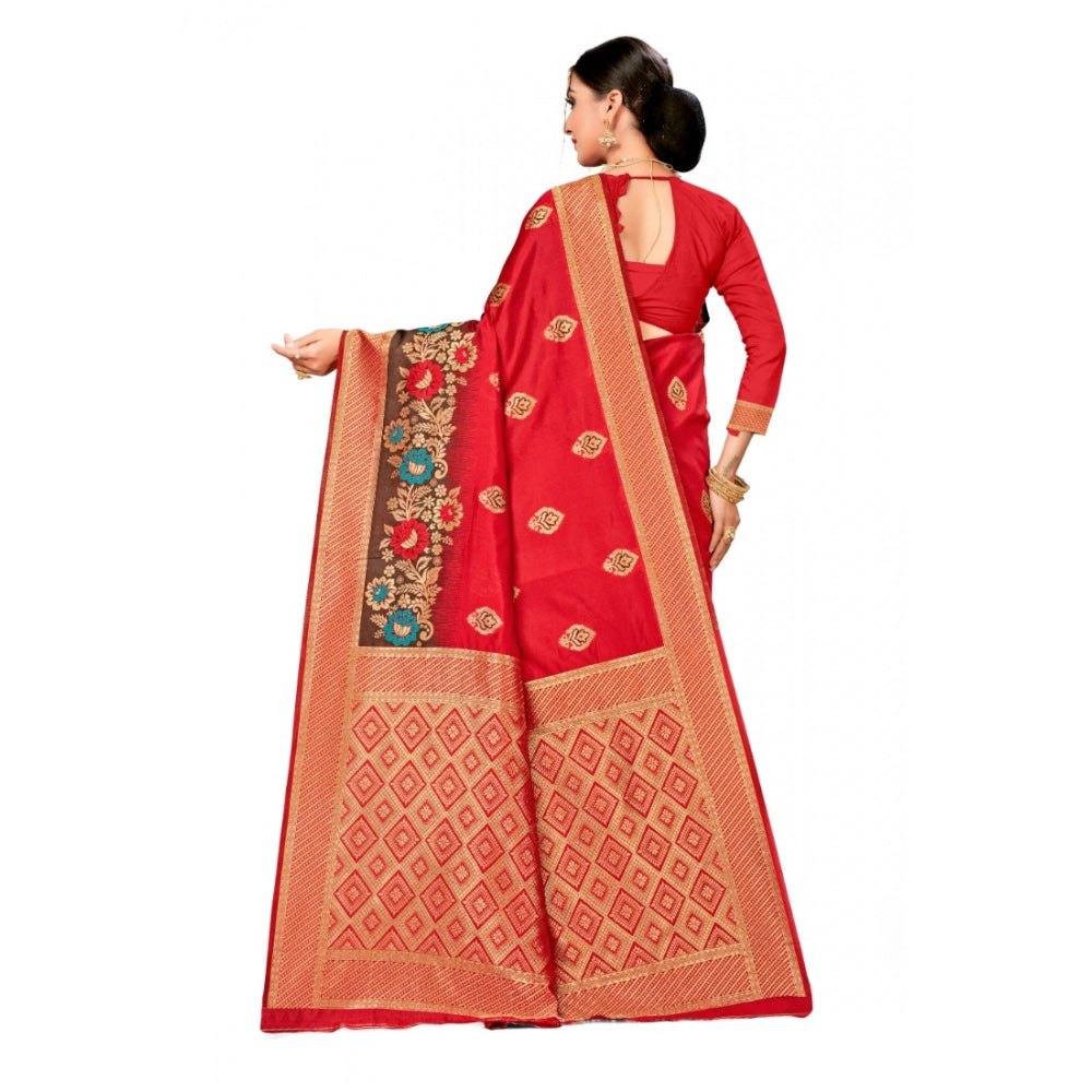 Shopper Beast Women's Banarasi Silk Designer Weaving Saree With Unstitched Blouse (Red, 5.50 Mtrs)