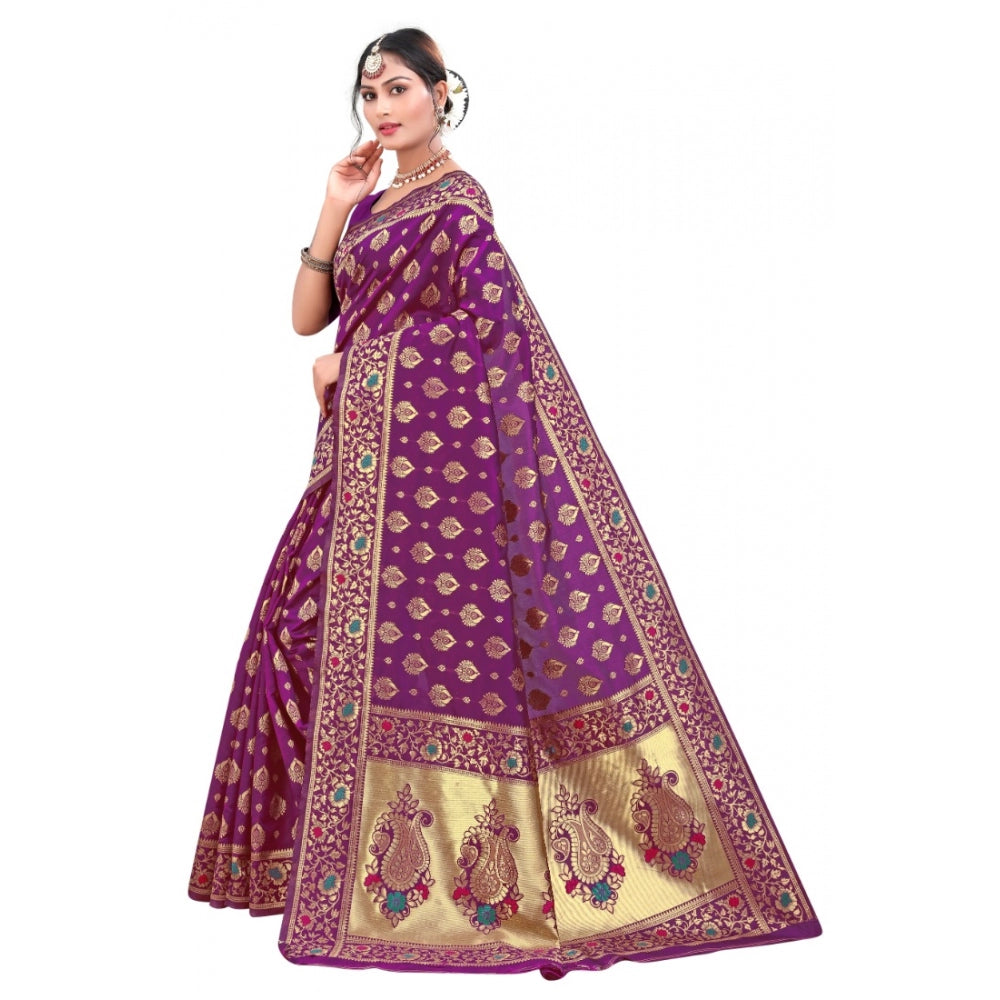 Shopper Beast Women's Banarasi Silk Designer Weaving Saree With Unstitched Blouse (Purple, 5.50 Mtrs)