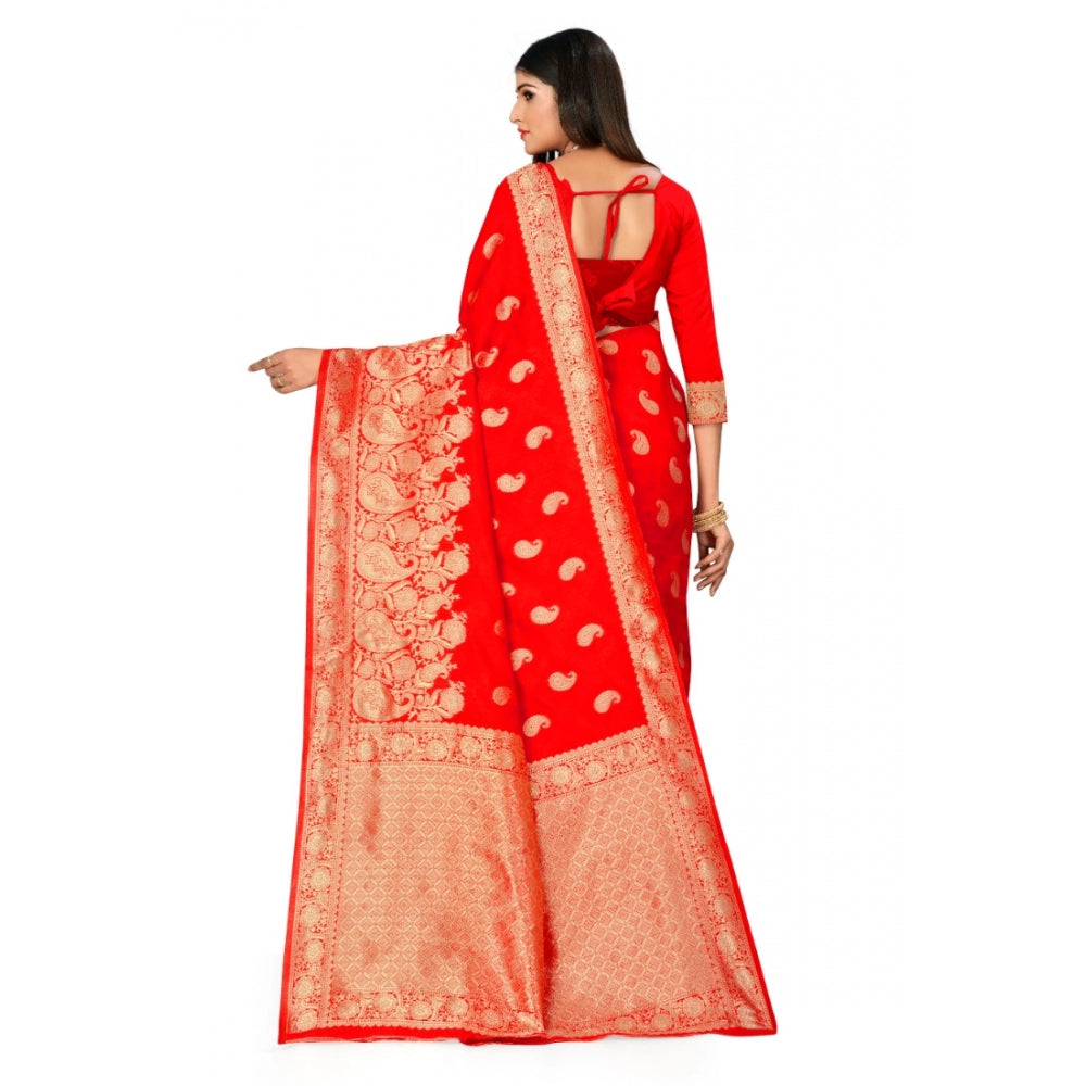 Shopper Beast Women's Banarasi Silk Designer Weaving Saree With Unstitched Blouse (Red, 5.50 Mtrs)