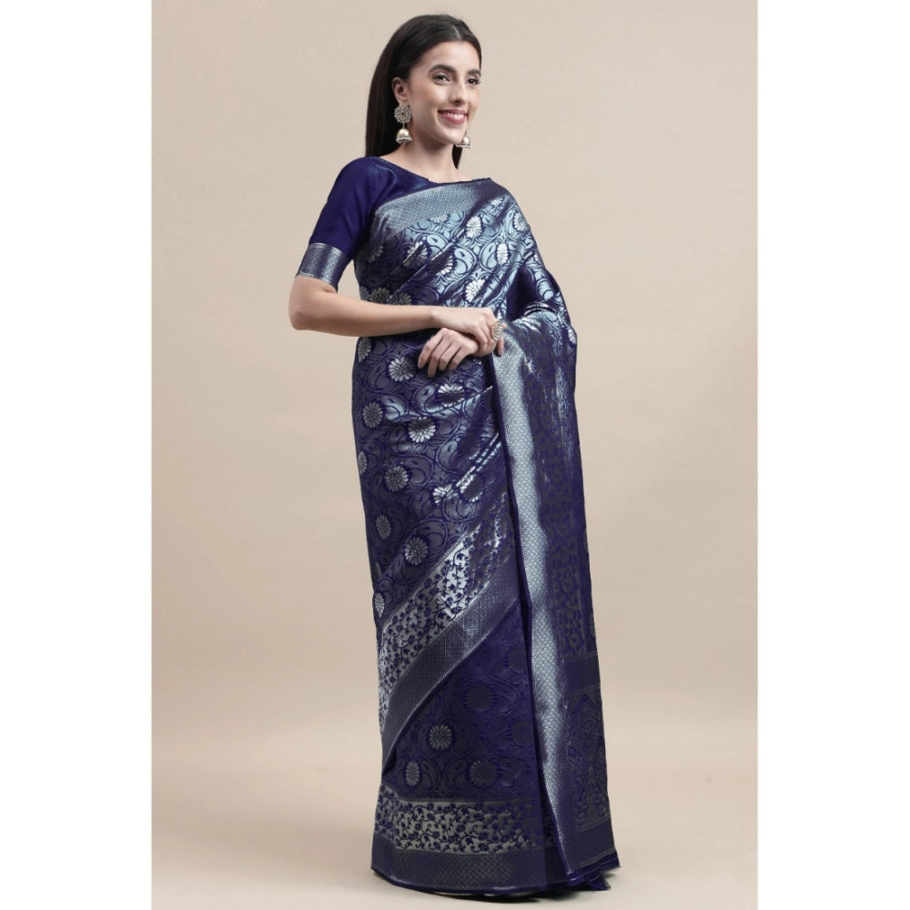 Shopper Beast Women's Kanjivaram Silk Designer Silver Weaving Saree With Unstitched Blouse (Blue, 5.50 Mtrs)