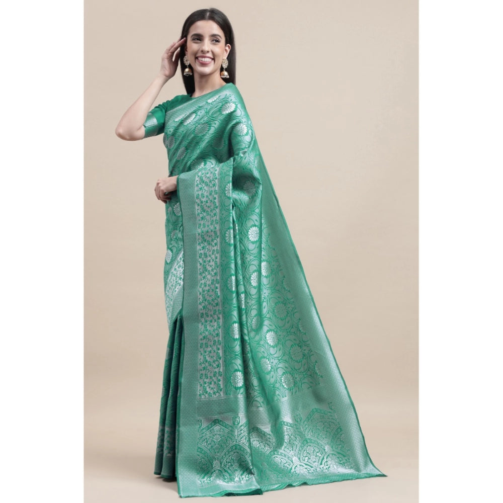 Shopper Beast Women's Kanjivaram Silk Designer Silver Weaving Saree With Unstitched Blouse (Green, 5.50 Mtrs)