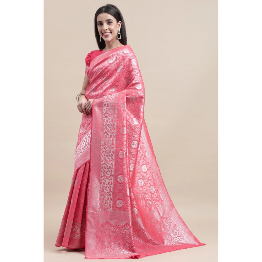 Shopper Beast Women's Kanjivaram Silk Designer Silver Weaving Saree With Unstitched Blouse (Pink, 5.50 Mtrs)