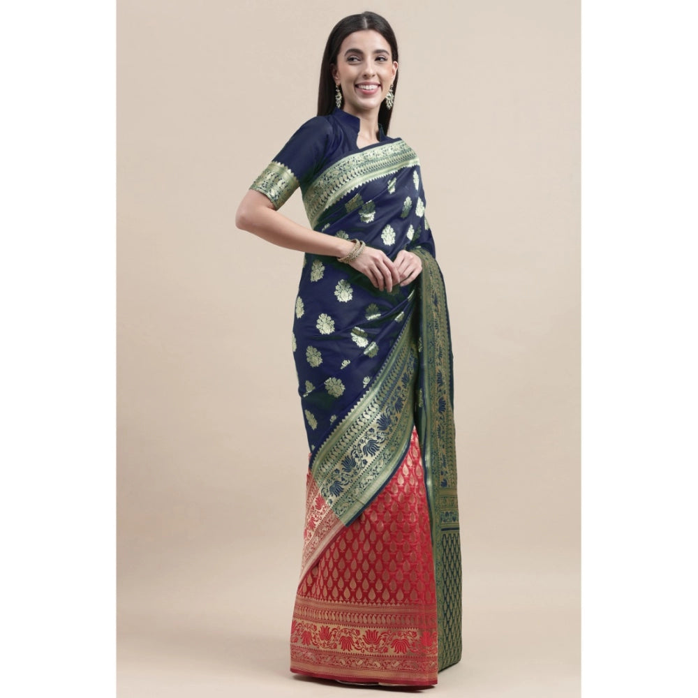 Shopper Beast Women's Kanjivaram Silk Designer Weaving Saree With Unstitched Blouse (Blue,Red, 5.50 Mtrs)