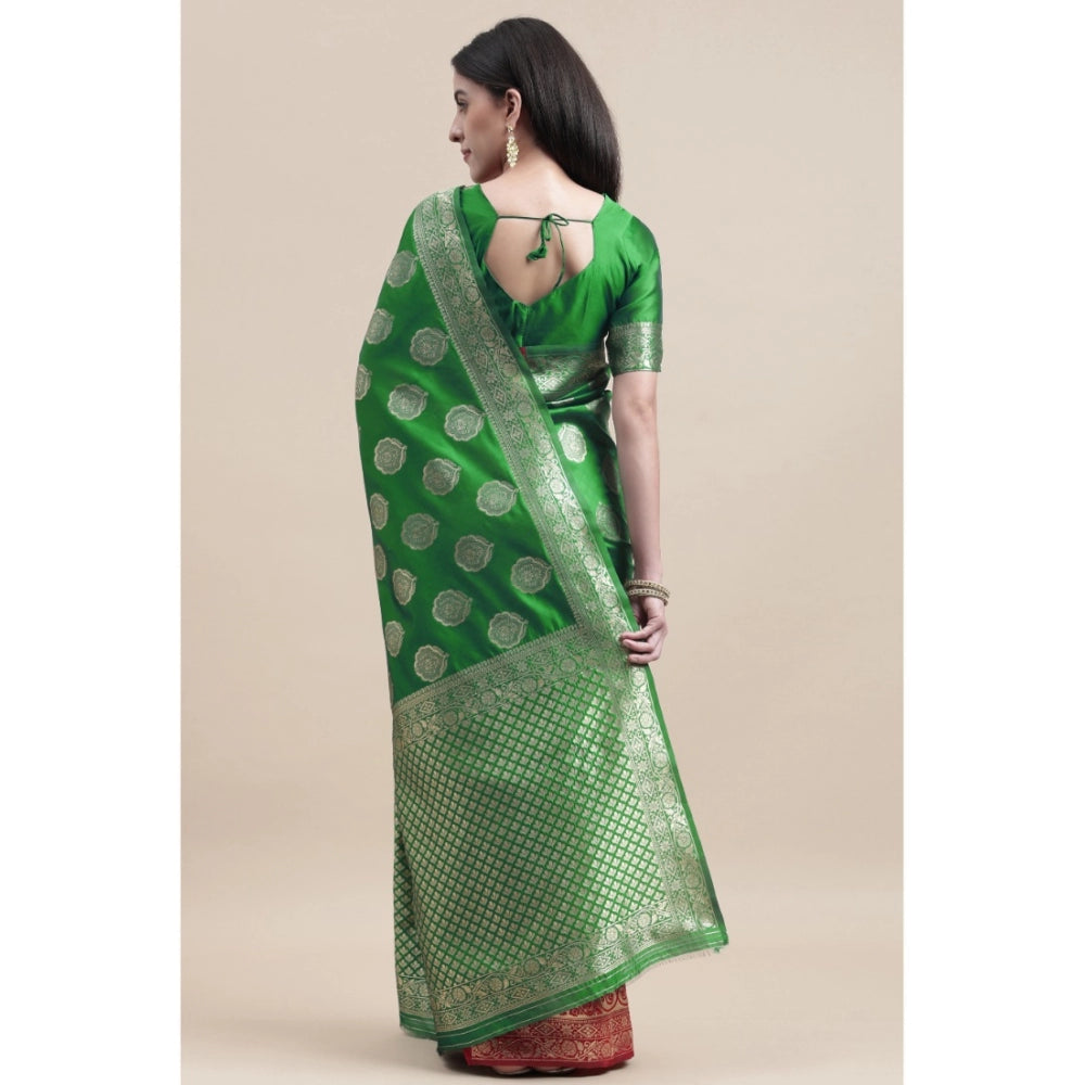 Shopper Beast Women's Kanjivaram Silk Designer Weaving Saree With Unstitched Blouse (Green &amp; Red, 5.50 Mtrs)