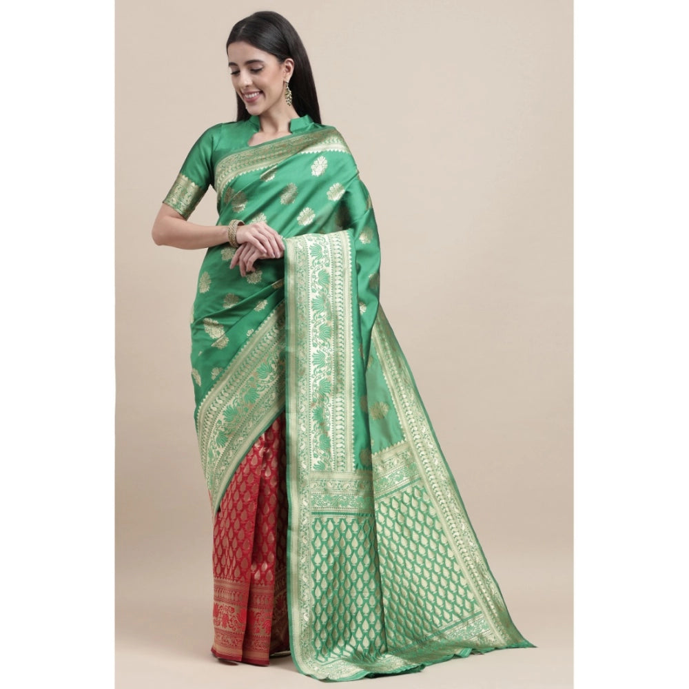 Shopper Beast Women's Kanjivaram Silk Designer Weaving Saree With Unstitched Blouse (Green &amp; Red, 5.50 Mtrs)