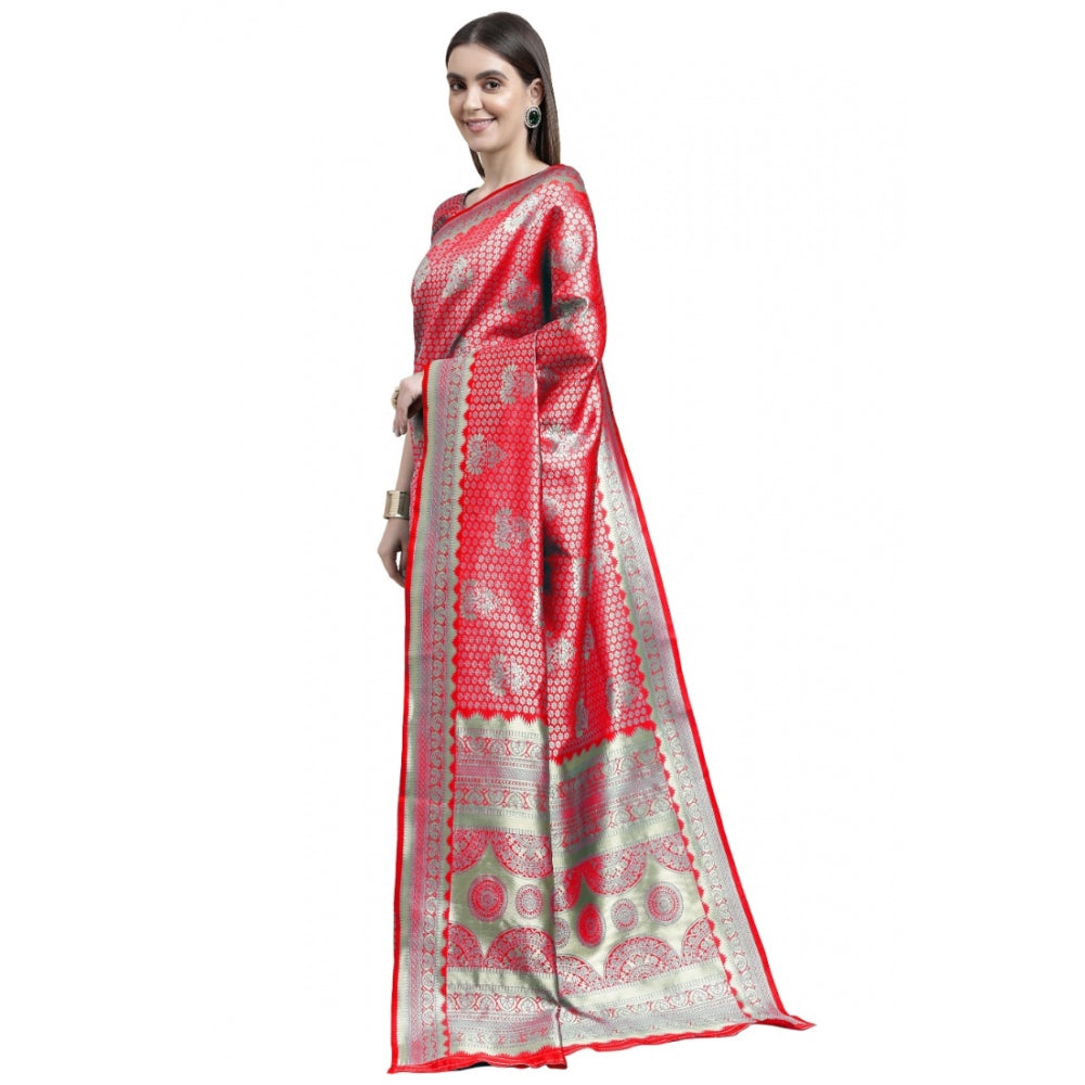 Shopper Beast Women's Banarasi Silk Designer Weaving Saree With Unstitched Blouse (Red, 5.50 Mtrs)