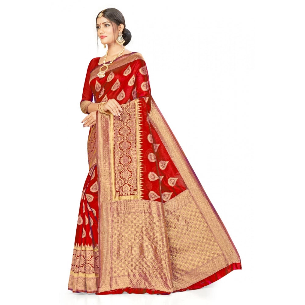 Shopper Beast Women's Banarasi Silk Designer Weaving Saree With Unstitched Blouse (Red, 5.50 Mtrs)