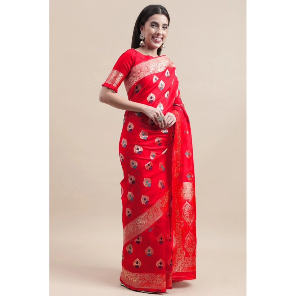 Shopper Beast Women's Kanjivaram Silk Designer Weaving Saree With Unstitched Blouse (Red, 5.50 Mtrs)