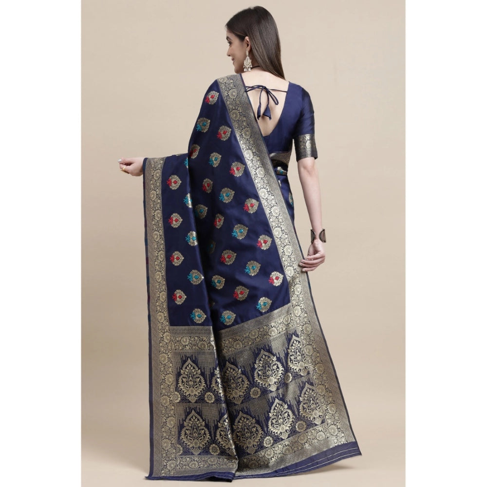 Shopper Beast Women's Kanjivaram Silk Designer Weaving Saree With Unstitched Blouse (Blue, 5.50 Mtrs)