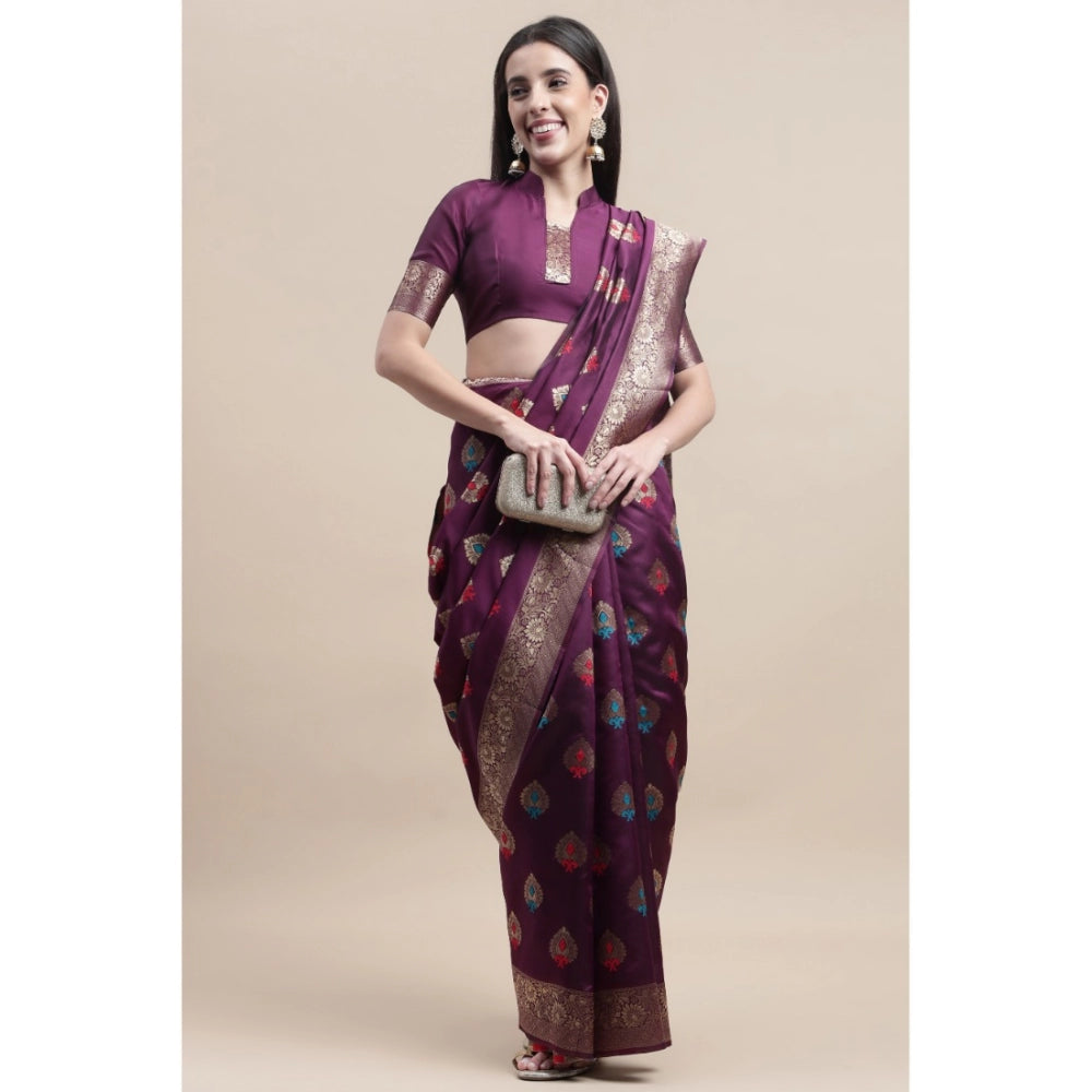 Shopper Beast Women's Kanjivaram Silk Designer Weaving Saree With Unstitched Blouse (Purple, 5.50 Mtrs)