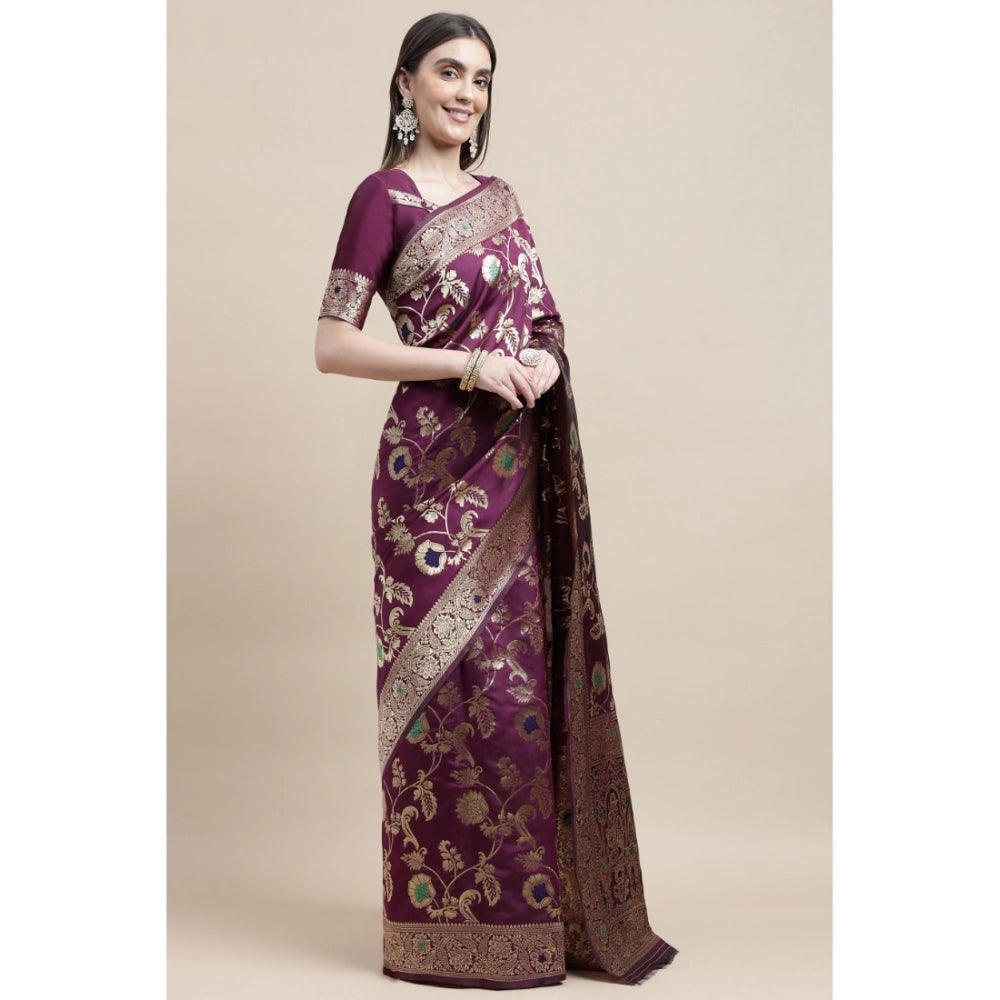 Shopper Beast Women's Kanjivaram Silk Designer Weaving Saree With Unstitched Blouse (Purple, 5.50 Mtrs)