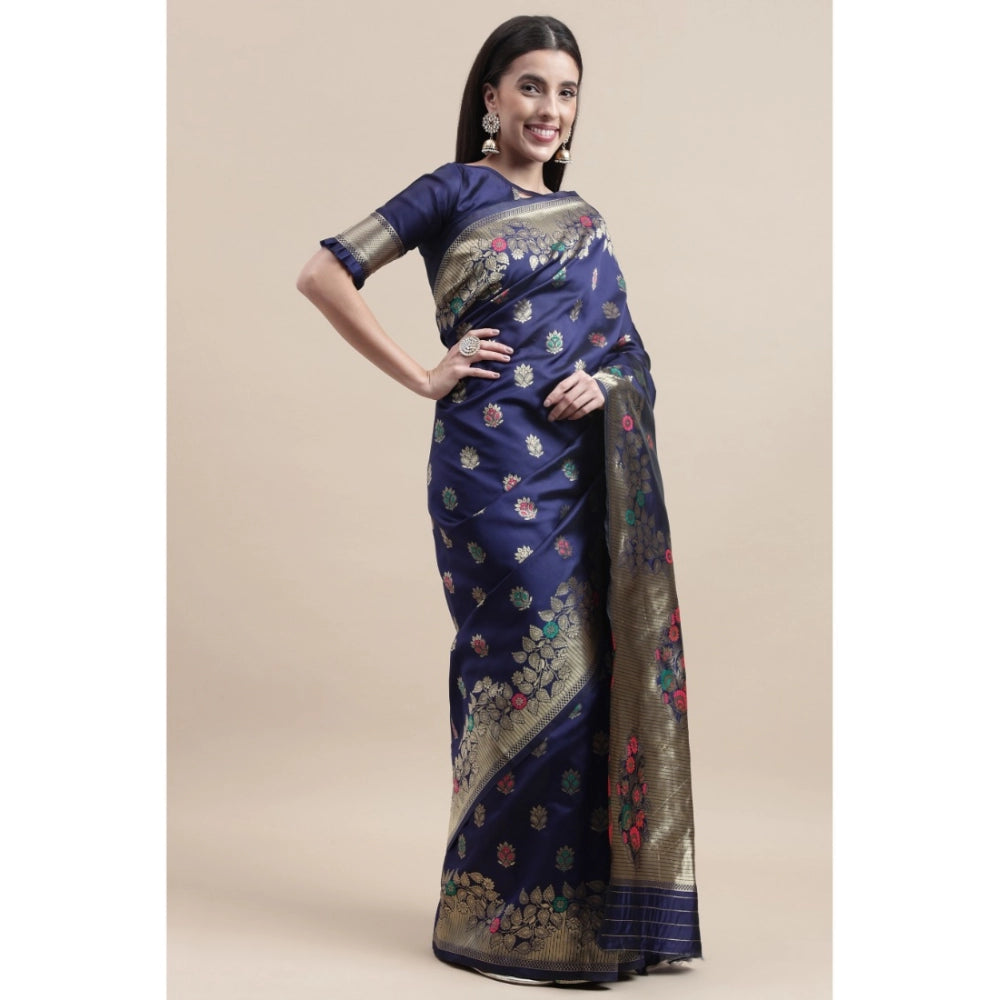 Shopper Beast Women's Kanjivaram Silk Designer Weaving Saree With Unstitched Blouse (Blue, 5.50 Mtrs)