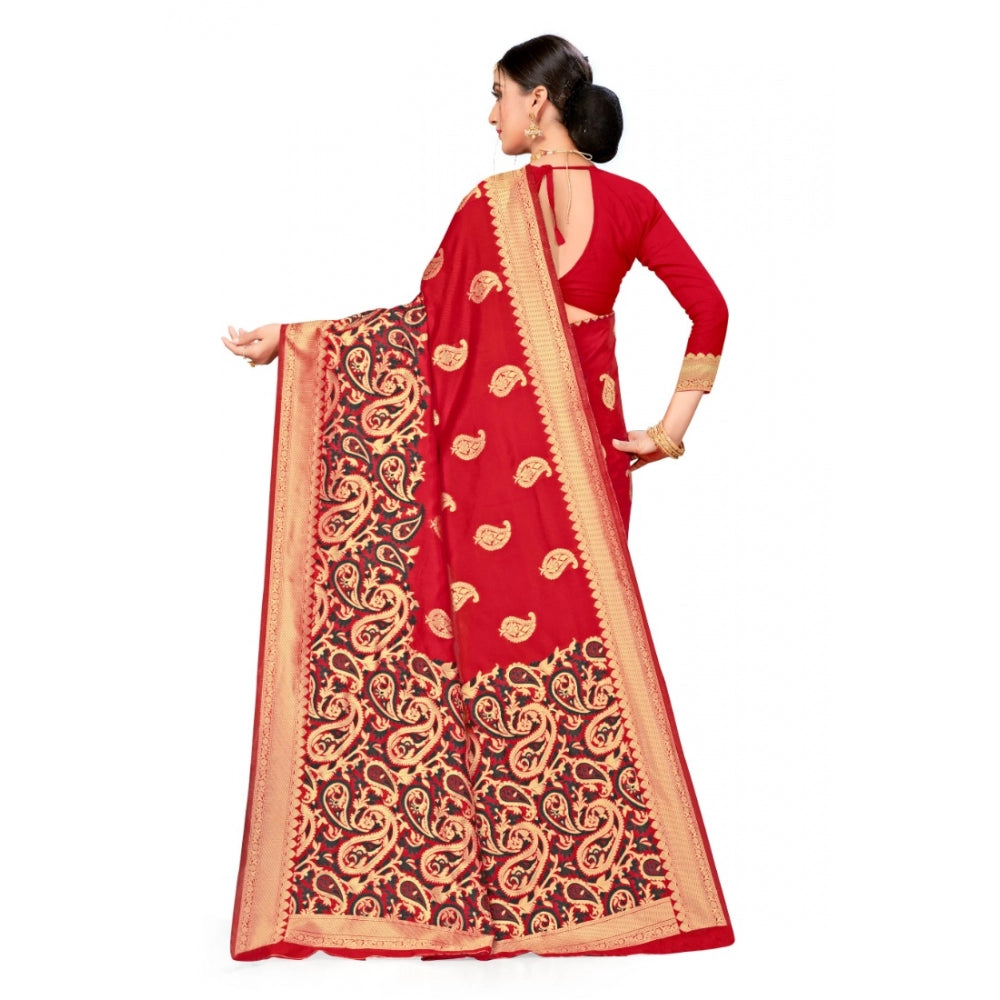 Shopper Beast Women's Banarasi Silk Designer Weaving Saree With Unstitched Blouse (Red, 5.50 Mtrs)