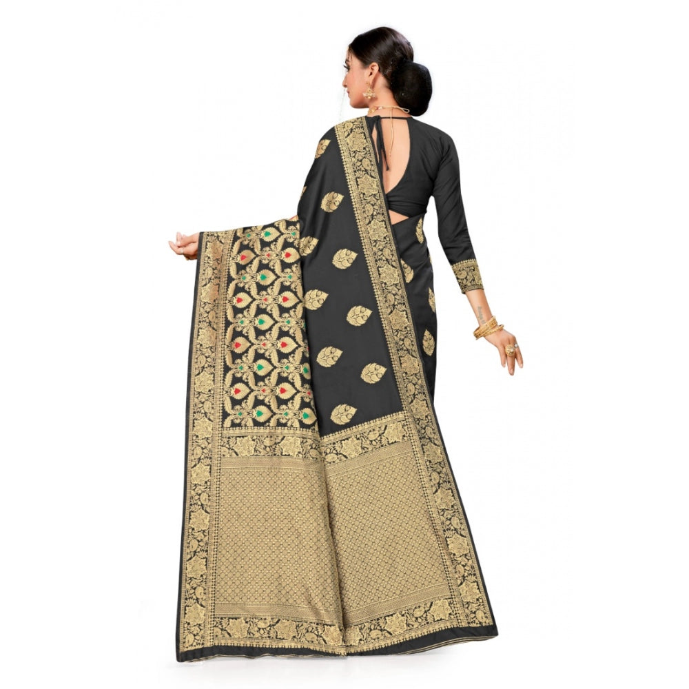 Shopper Beast Women's Banarasi Silk Designer Weaving Saree With Unstitched Blouse (Black, 5.50 Mtrs)