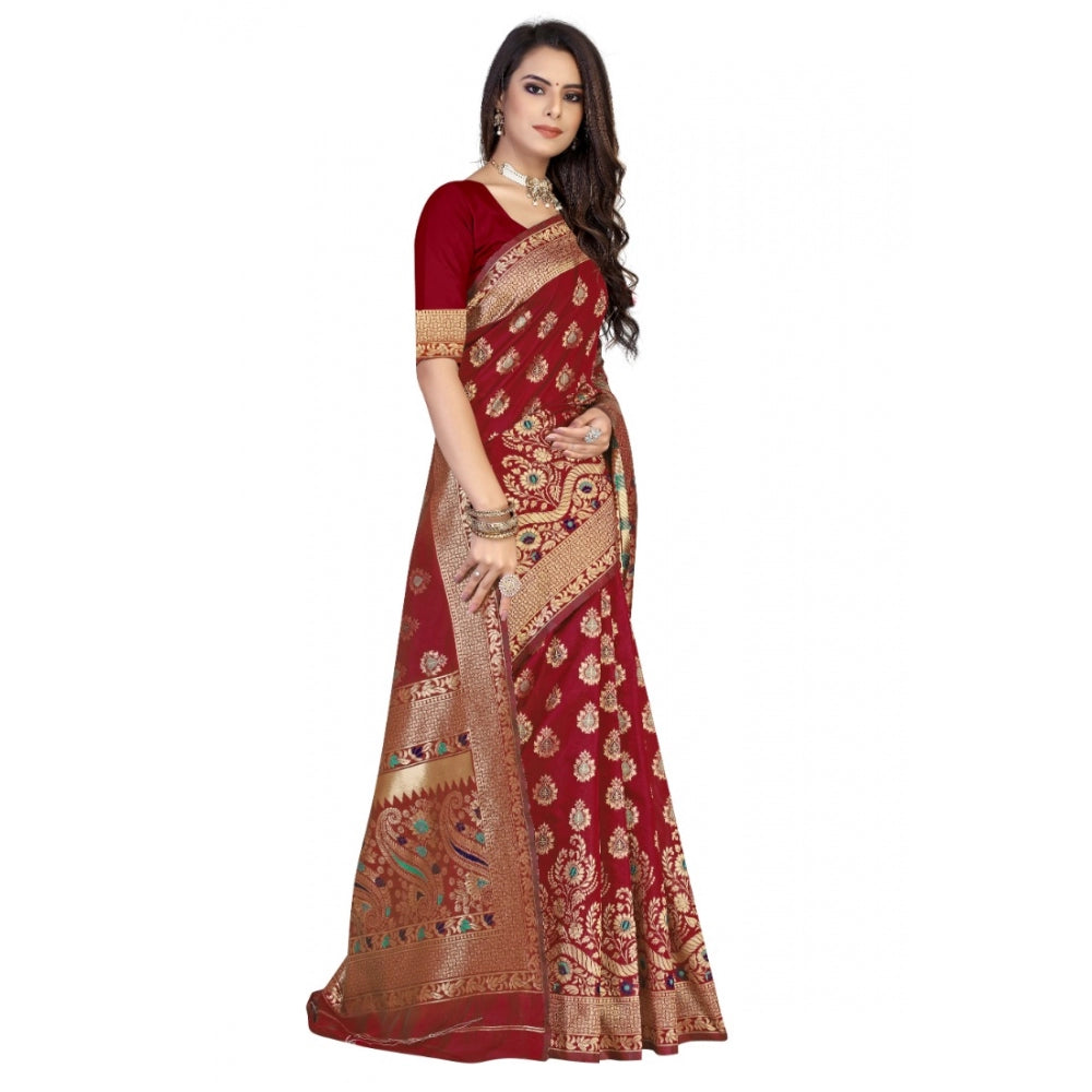 Shopper Beast Women's Banarasi Silk Designer Weaving Saree With Unstitched Blouse (Maroon, 5.50 Mtrs)