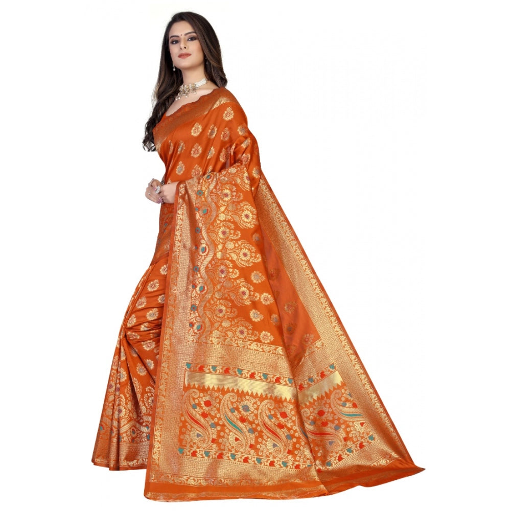 Shopper Beast Women's Banarasi Silk Designer Weaving Saree With Unstitched Blouse (Orange, 5.50 Mtrs)