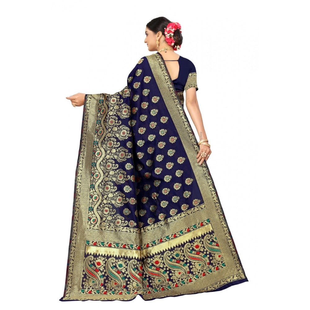 Shopper Beast Women's Banarasi Silk Designer Weaving Saree With Unstitched Blouse (Blue, 5.50 Mtrs)