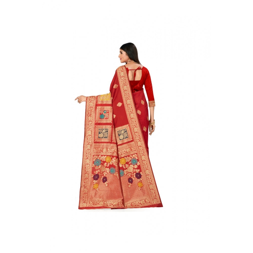 Shopper Beast Women's Banarasi Silk Designer Weaving Saree With Unstitched Blouse (Red, 5.50 Mtrs)