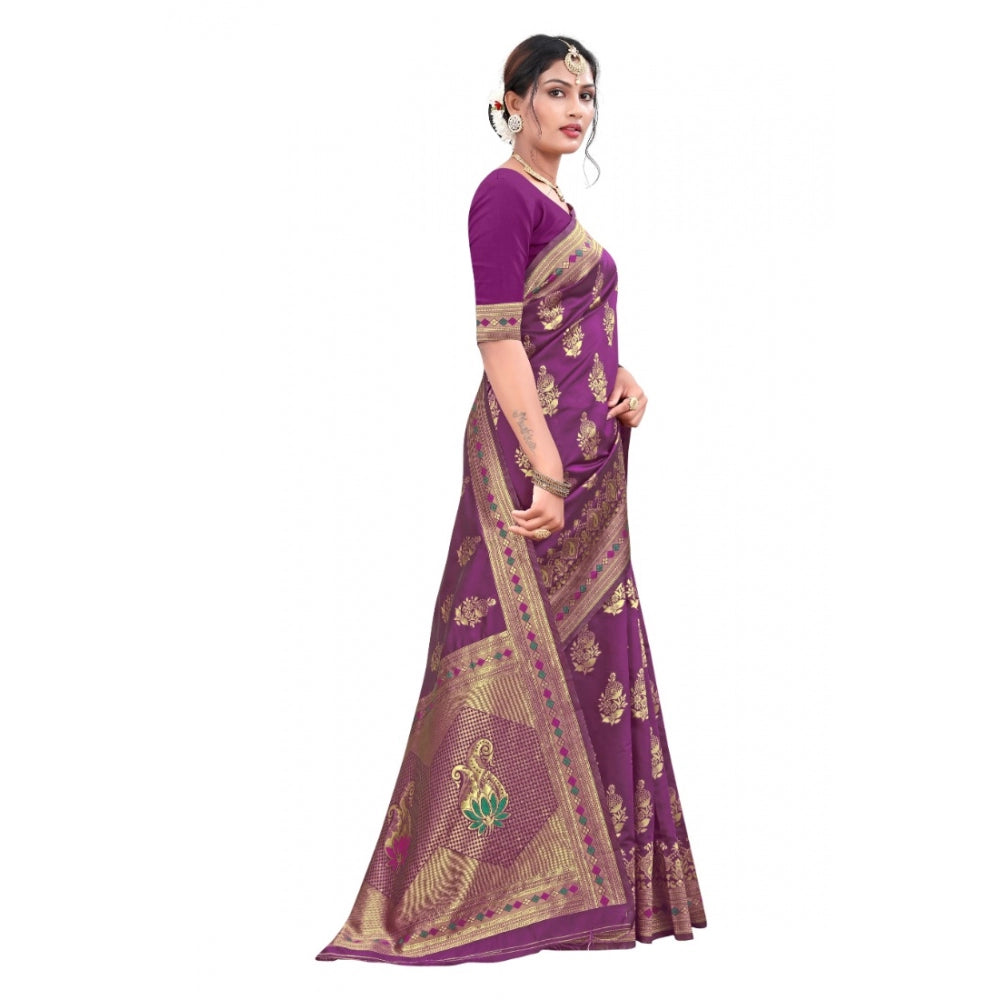 Shopper Beast Women's Banarasi Silk Designer Weaving Saree With Unstitched Blouse (Purple, 5.50 Mtrs)