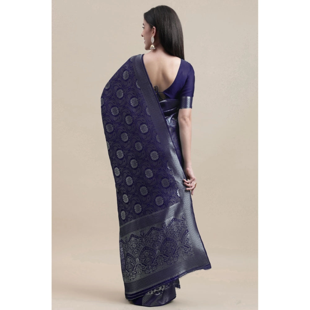 Shopper Beast Women's Kanjivaram Silk Designer Silver Weaving Saree With Unstitched Blouse (Blue, 5.50 Mtrs)