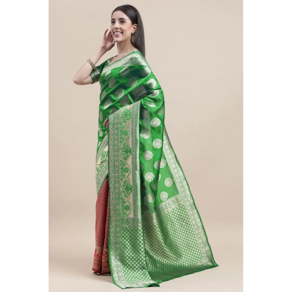 Shopper Beast Women's Kanjivaram Silk Designer Weaving Saree With Unstitched Blouse (Green &amp; Red, 5.50 Mtrs)