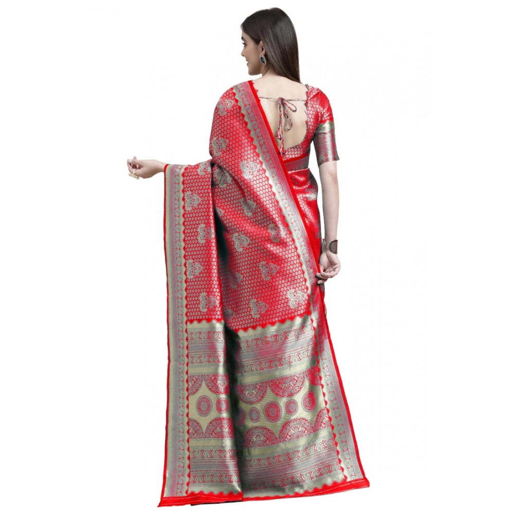 Shopper Beast Women's Banarasi Silk Designer Weaving Saree With Unstitched Blouse (Red, 5.50 Mtrs)