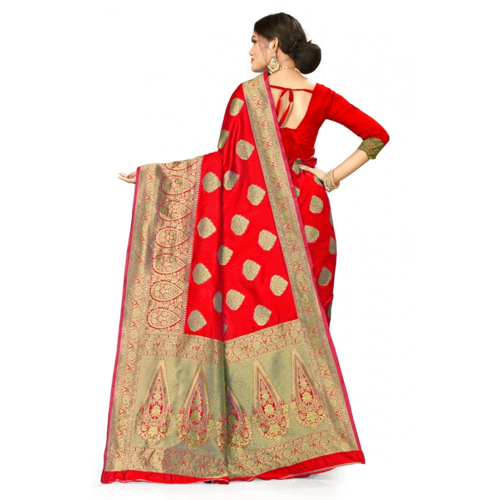 Shopper Beast Women's Banarasi Silk Designer Weaving Saree With Unstitched Blouse (Red, 5.50 Mtrs)