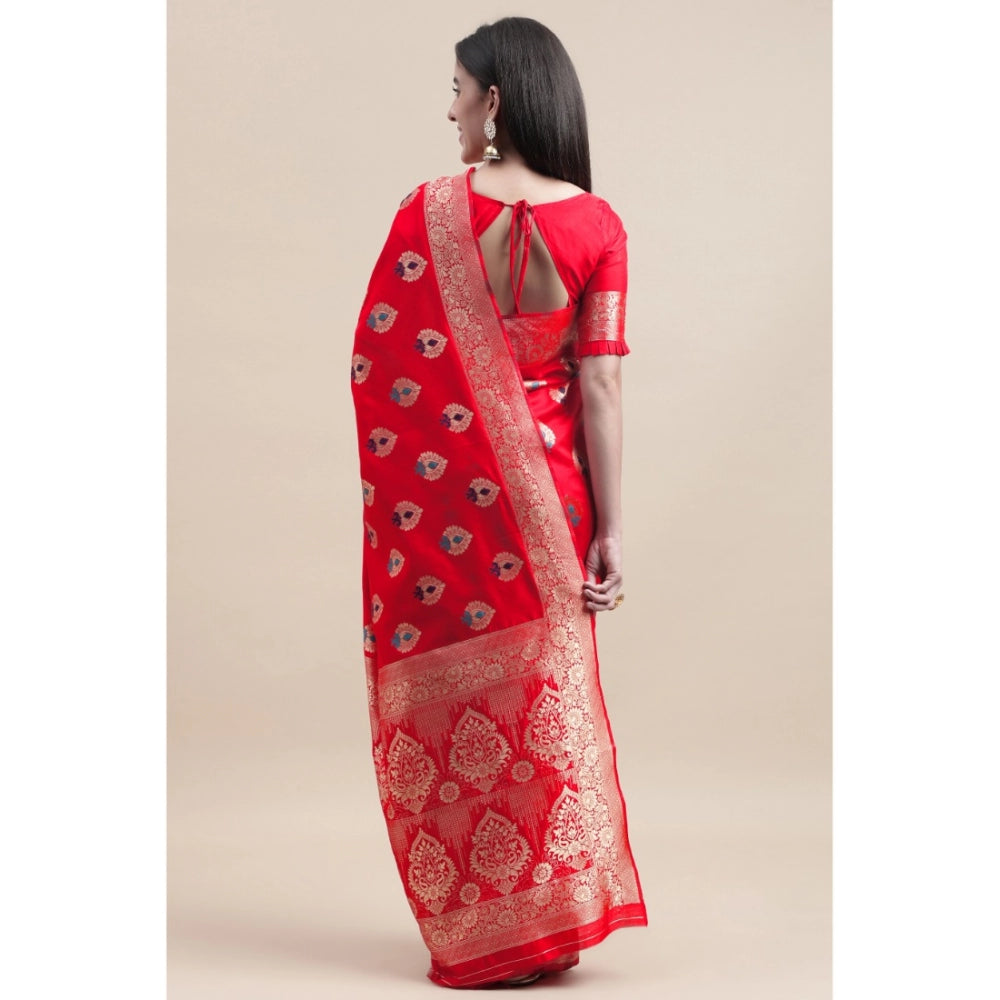 Shopper Beast Women's Kanjivaram Silk Designer Weaving Saree With Unstitched Blouse (Red, 5.50 Mtrs)