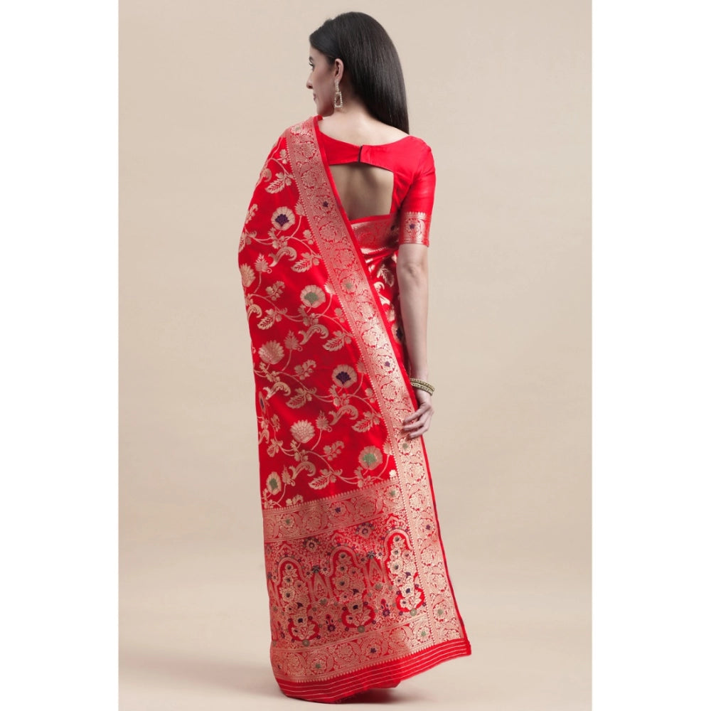 Shopper Beast Women's Kanjivaram Silk Designer Weaving Saree With Unstitched Blouse (Red, 5.50 Mtrs)