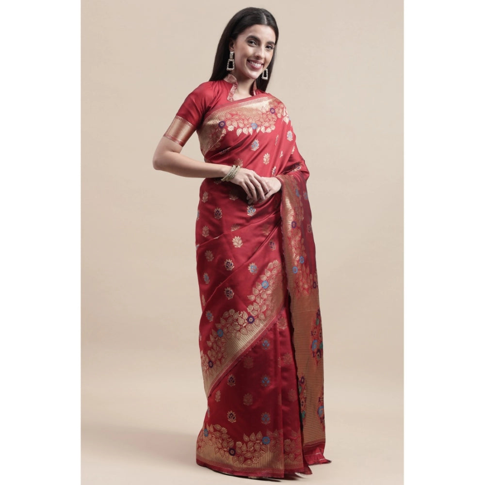 Shopper Beast Women's Kanjivaram Silk Designer Weaving Saree With Unstitched Blouse (Red, 5.50 Mtrs)