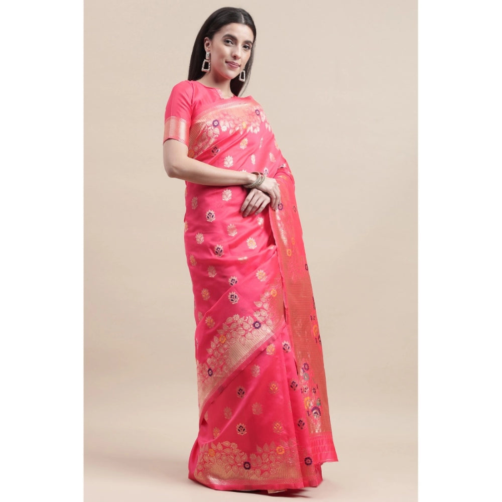 Shopper Beast Women's Kanjivaram Silk Designer Weaving Saree With Unstitched Blouse (Pink, 5.50 Mtrs)