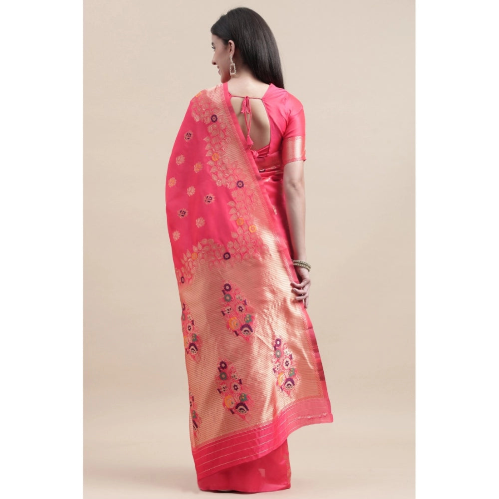 Shopper Beast Women's Kanjivaram Silk Designer Weaving Saree With Unstitched Blouse (Pink, 5.50 Mtrs)