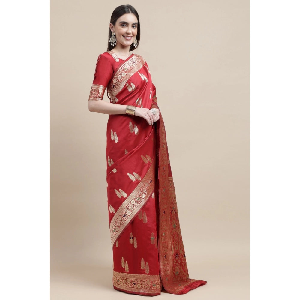 Shopper Beast Women's Kanjivaram Silk Designer Weaving Saree With Unstitched Blouse (Red, 5.50 Mtrs)