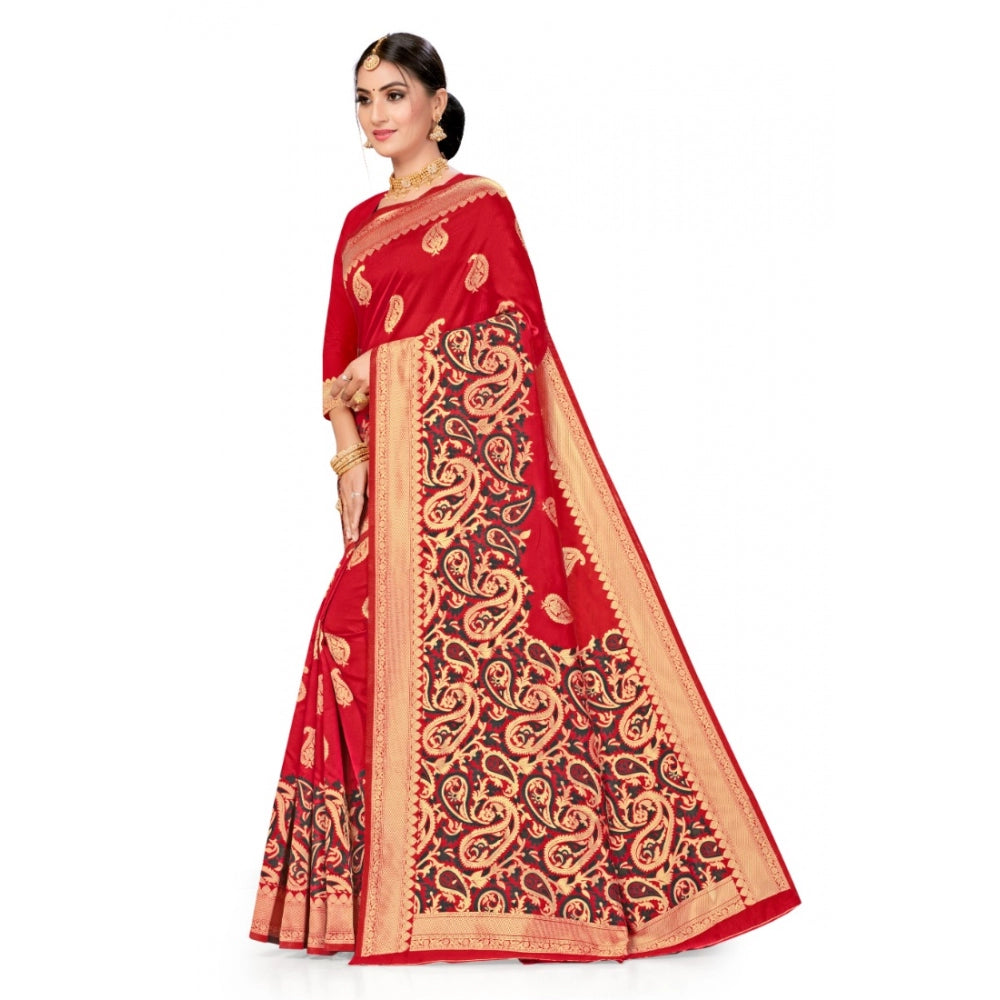 Shopper Beast Women's Banarasi Silk Designer Weaving Saree With Unstitched Blouse (Red, 5.50 Mtrs)