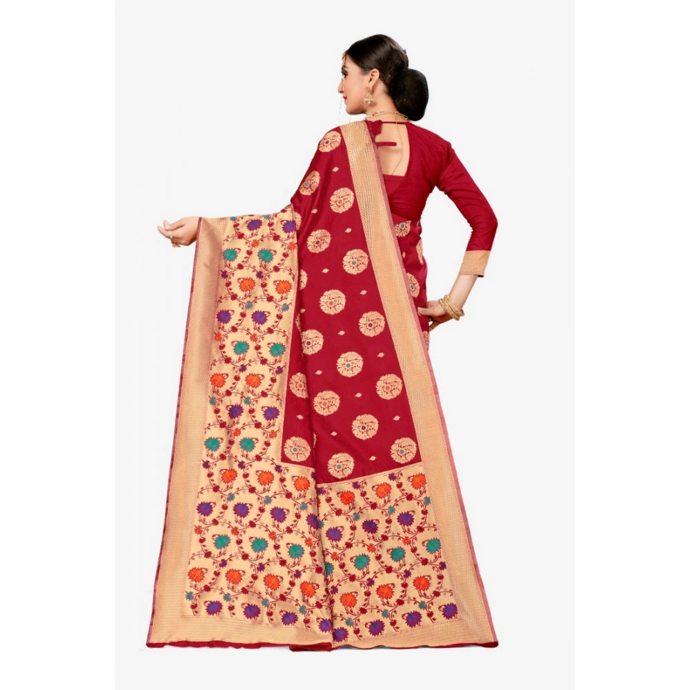 Shopper Beast Women's Banarasi Silk Designer Weaving Saree With Unstitched Blouse (Maroon, 5.50 Mtrs)