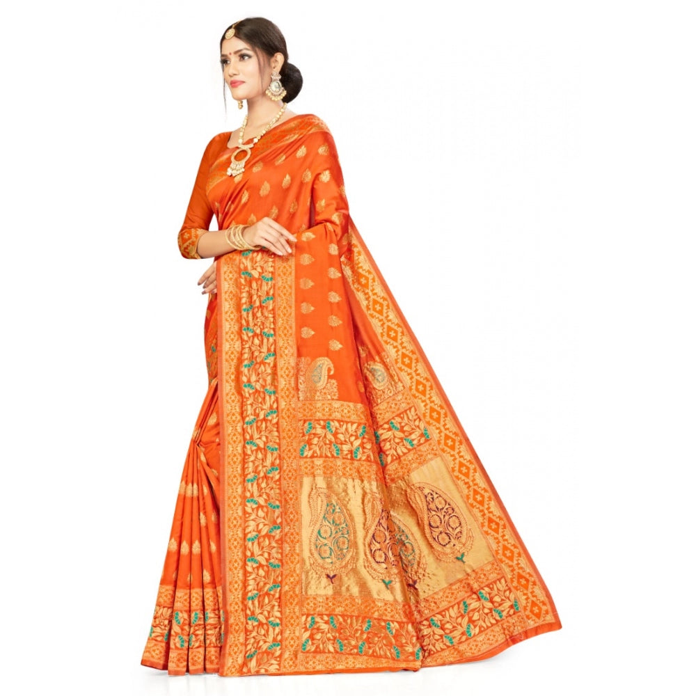 Shopper Beast Women's Banarasi Silk Designer Weaving Saree With Unstitched Blouse (Orange, 5.50 Mtrs)