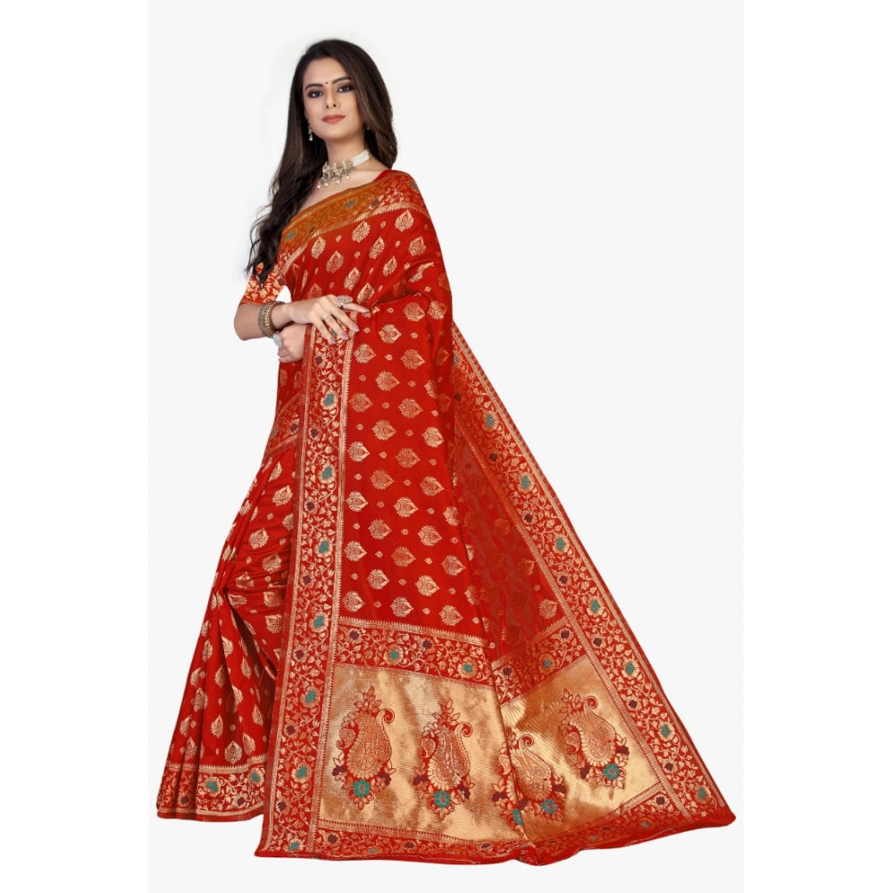 Shopper Beast Women's Banarasi Silk Designer Weaving Saree With Unstitched Blouse (Red, 5.50 Mtrs)