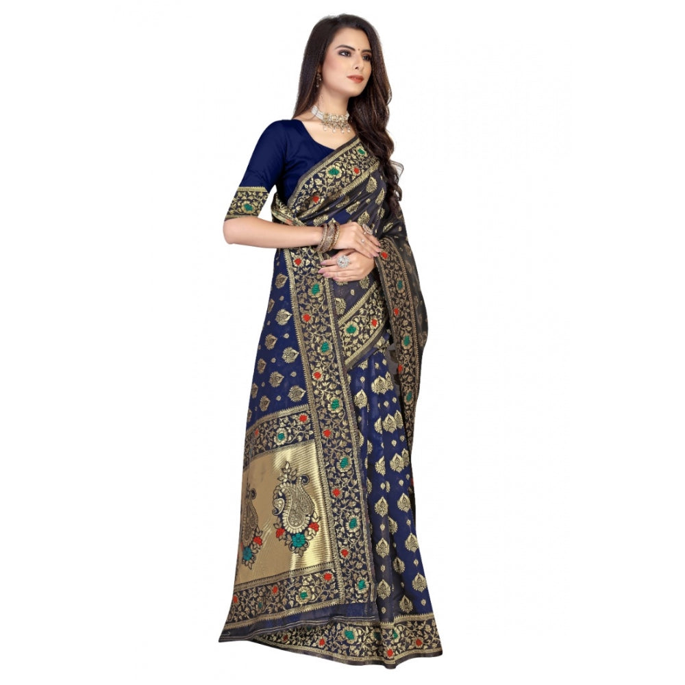 Shopper Beast Women's Banarasi Silk Designer Weaving Saree With Unstitched Blouse (Blue, 5.50 Mtrs)