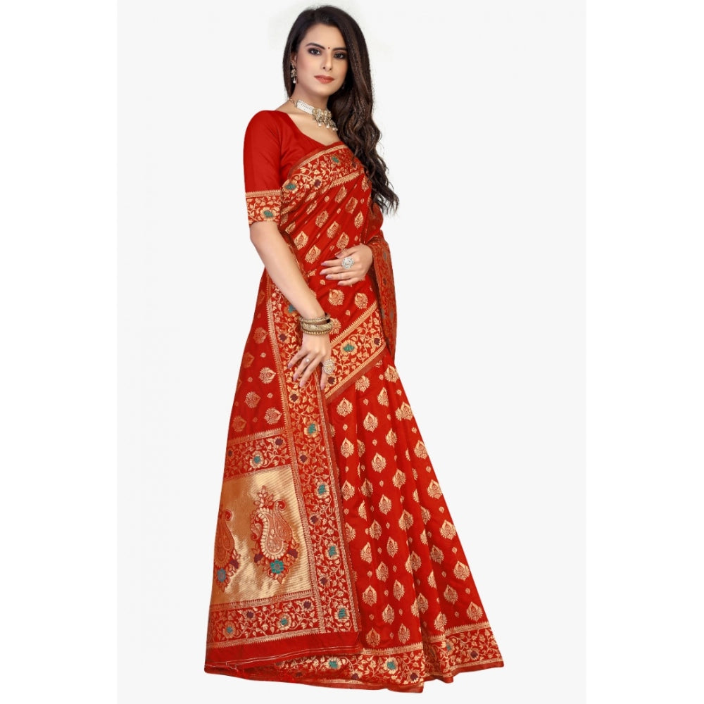 Shopper Beast Women's Banarasi Silk Designer Weaving Saree With Unstitched Blouse (Red, 5.50 Mtrs)