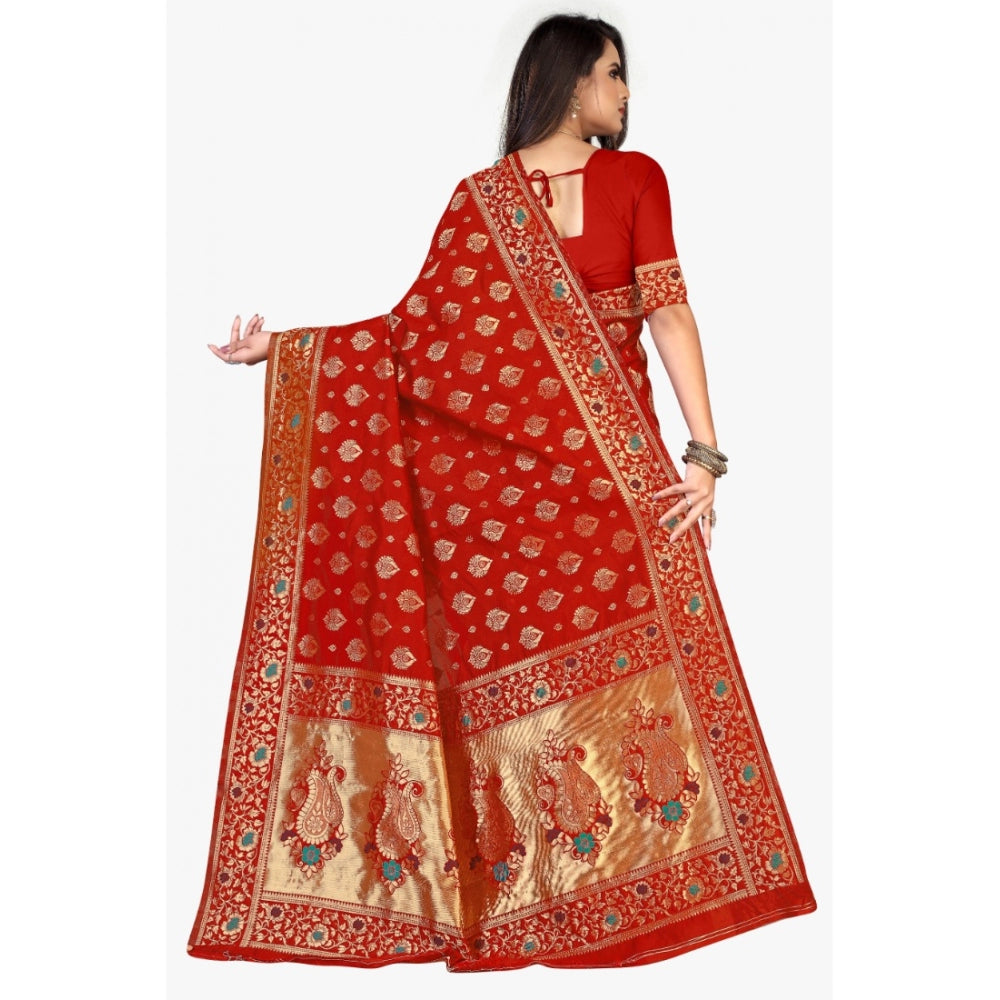 Shopper Beast Women's Banarasi Silk Designer Weaving Saree With Unstitched Blouse (Red, 5.50 Mtrs)