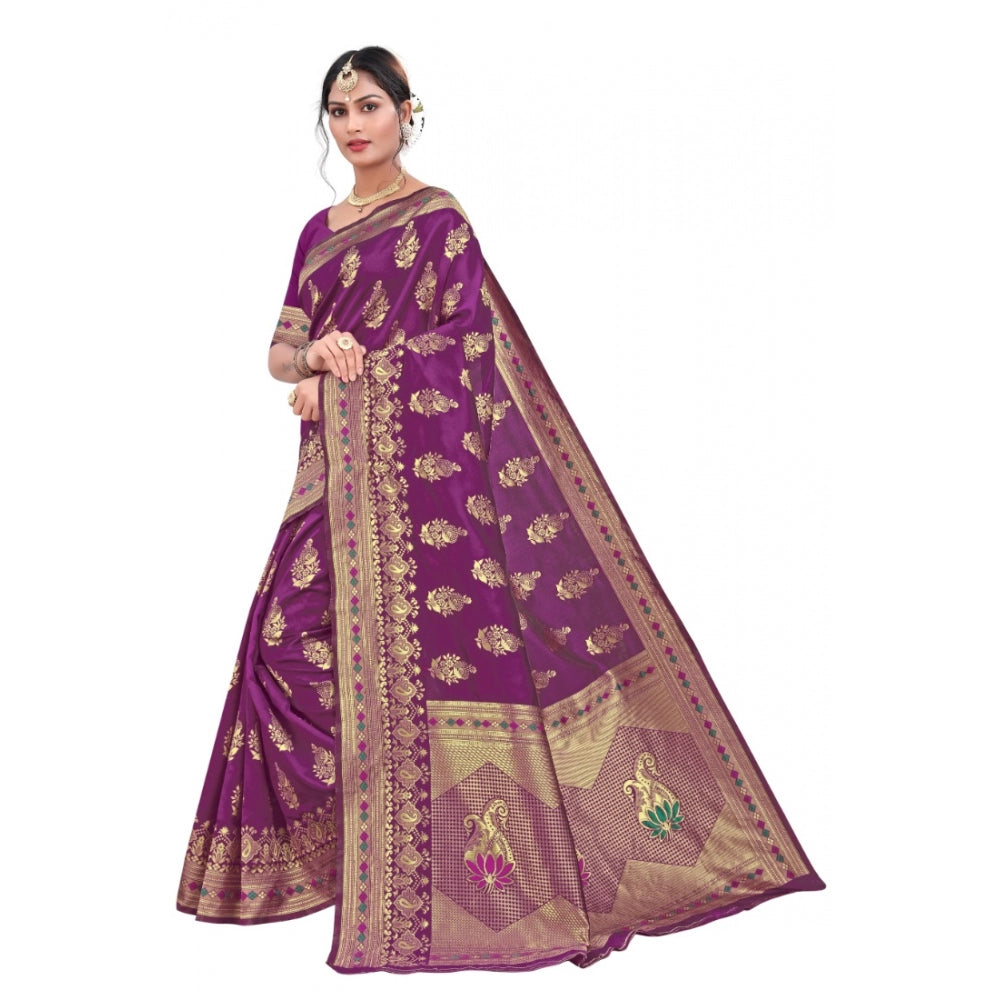 Shopper Beast Women's Banarasi Silk Designer Weaving Saree With Unstitched Blouse (Purple, 5.50 Mtrs)